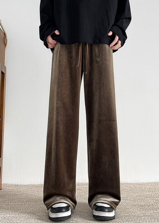 Brown Lace Up Velour Wide Leg Pants Elastic Waist Spring Rm061
