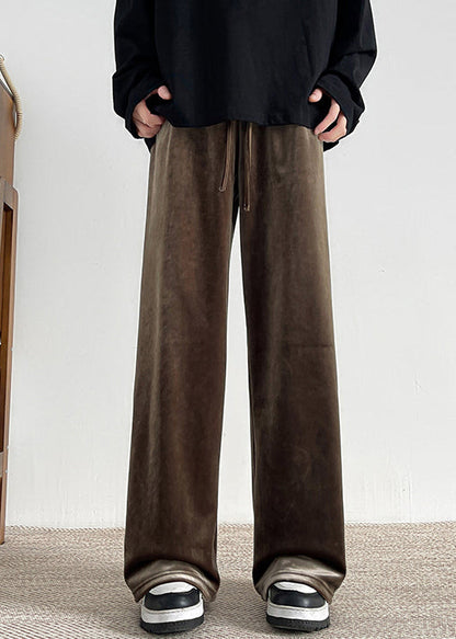Brown Lace Up Velour Wide Leg Pants Elastic Waist Spring Rm061