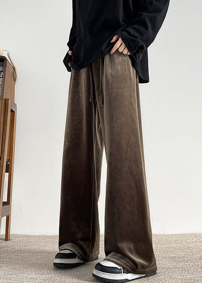 Brown Lace Up Velour Wide Leg Pants Elastic Waist Spring Rm061