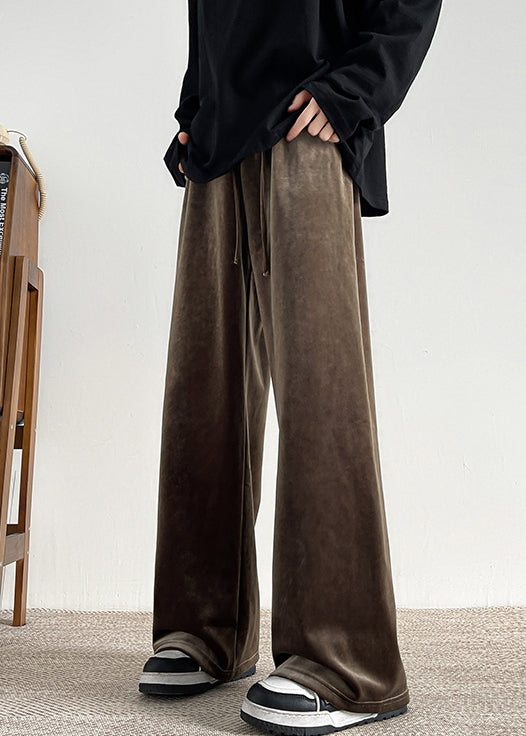 Brown Lace Up Velour Wide Leg Pants Elastic Waist Spring Rm061