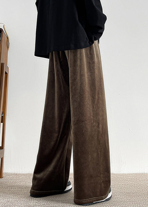Brown Lace Up Velour Wide Leg Pants Elastic Waist Spring Rm061