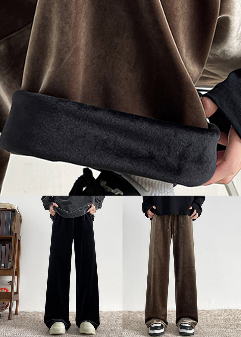 Simple Black Pockets Warm Fleece Velour Pants Spring Rm049