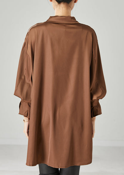 Brown Oversized Chiffon Blouse Low High Design Spring Yu1052