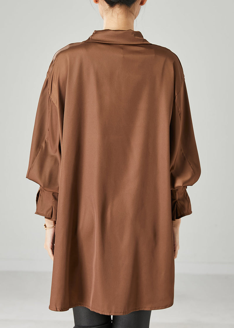 Brown Oversized Chiffon Blouse Low High Design Spring Yu1052