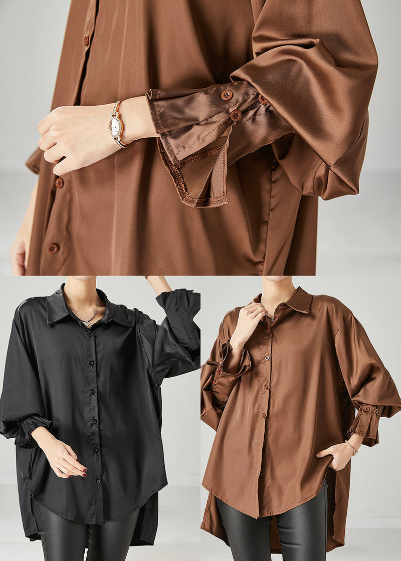 Brown Oversized Chiffon Blouse Low High Design Spring Yu1052