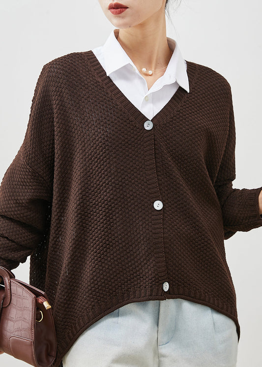 Brown Oversized Knit Loose Coat V Neck Spring Yu1040