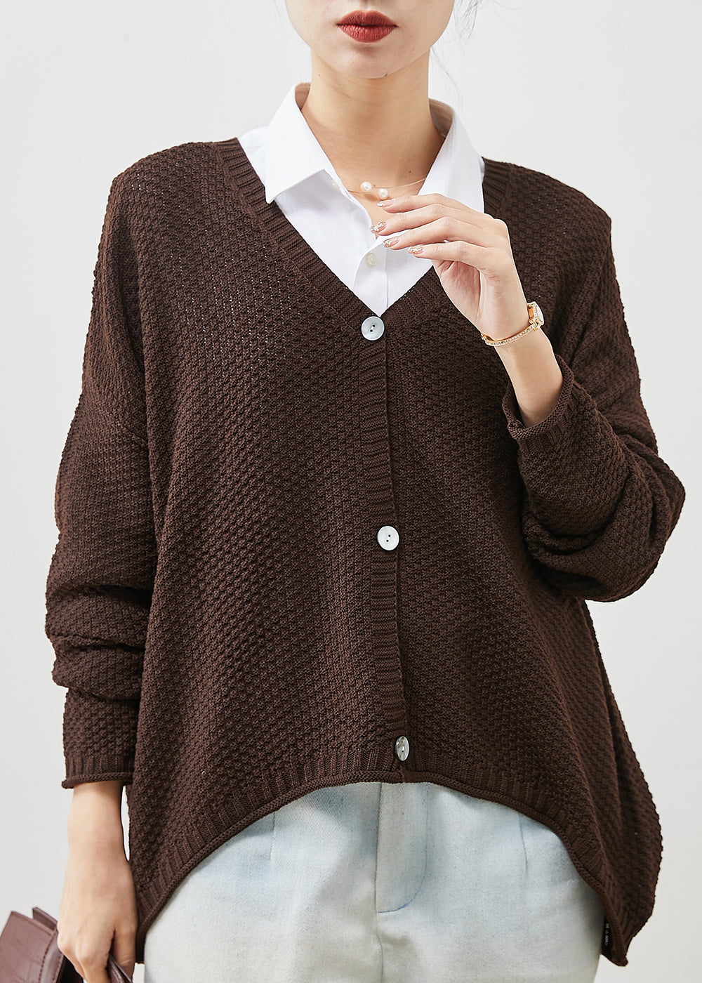 Brown Oversized Knit Loose Coat V Neck Spring Yu1040