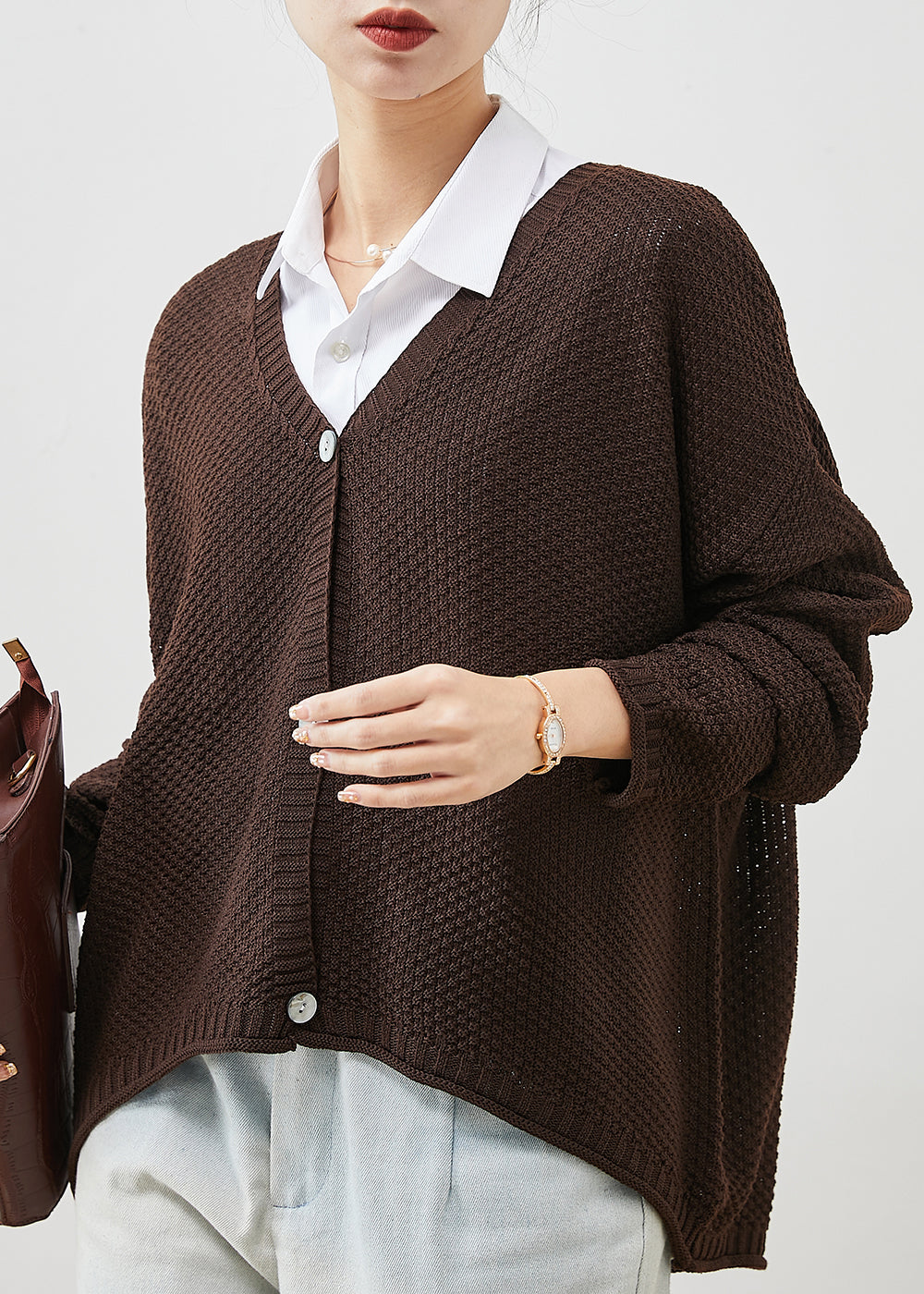 Brown Oversized Knit Loose Coat V Neck Spring Yu1040