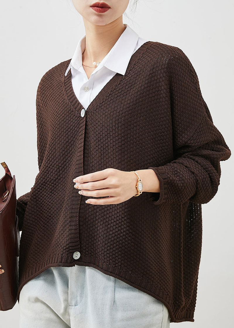 Brown Oversized Knit Loose Coat V Neck Spring Yu1040