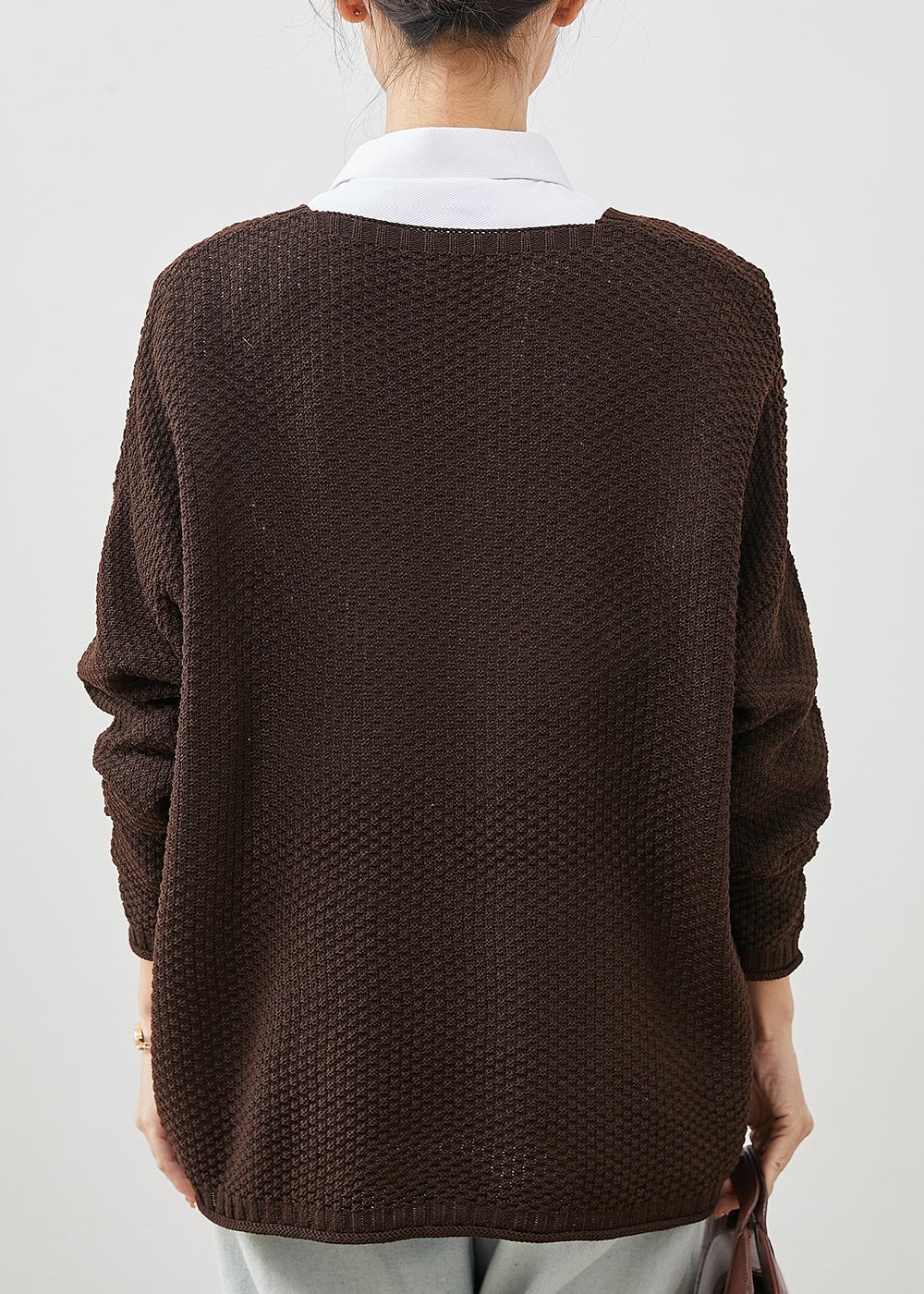 Brown Oversized Knit Loose Coat V Neck Spring Yu1040