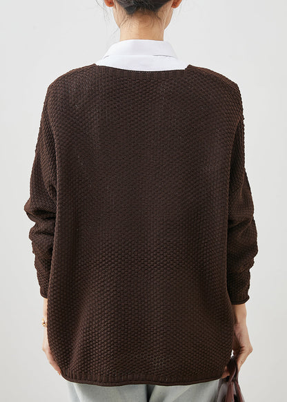 Brown Oversized Knit Loose Coat V Neck Spring Yu1040