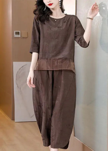 Brown Patchwork Linen Two-piece Set Oversized Jacquard Spring Ha1052