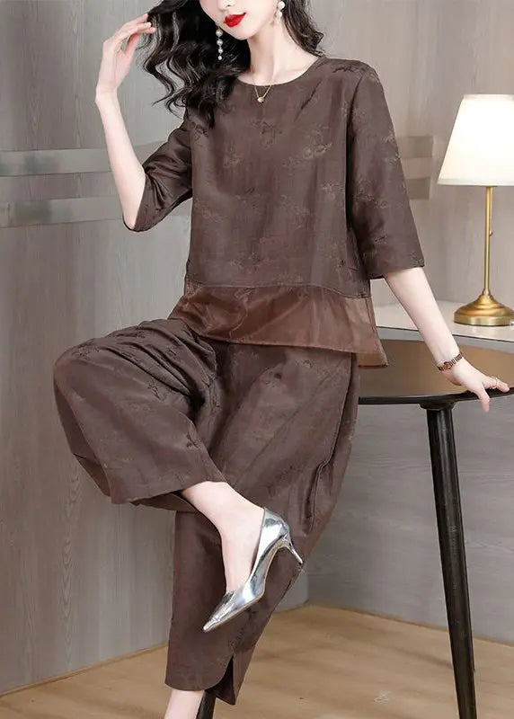 Brown Patchwork Linen Two-piece Set Oversized Jacquard Spring Ha1052
