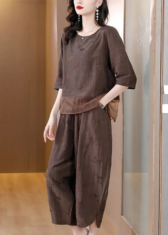 Brown Patchwork Linen Two-piece Set Oversized Jacquard Spring Ha1052