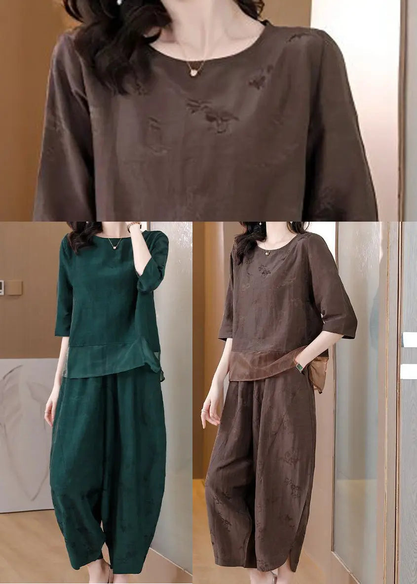 Brown Patchwork Linen Two-piece Set Oversized Jacquard Spring Ha1052