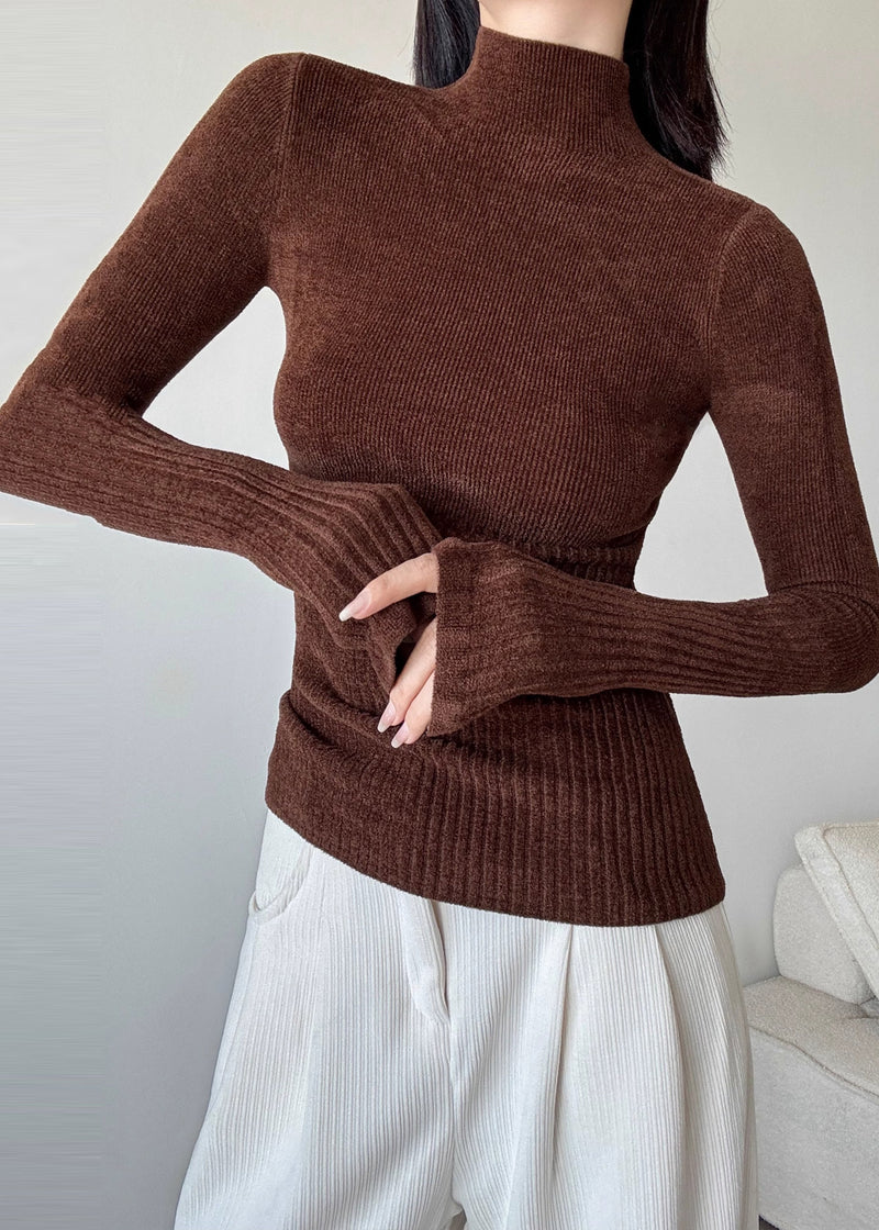 Brown Silm Fit Knit Sweater High Neck Spring Yp027