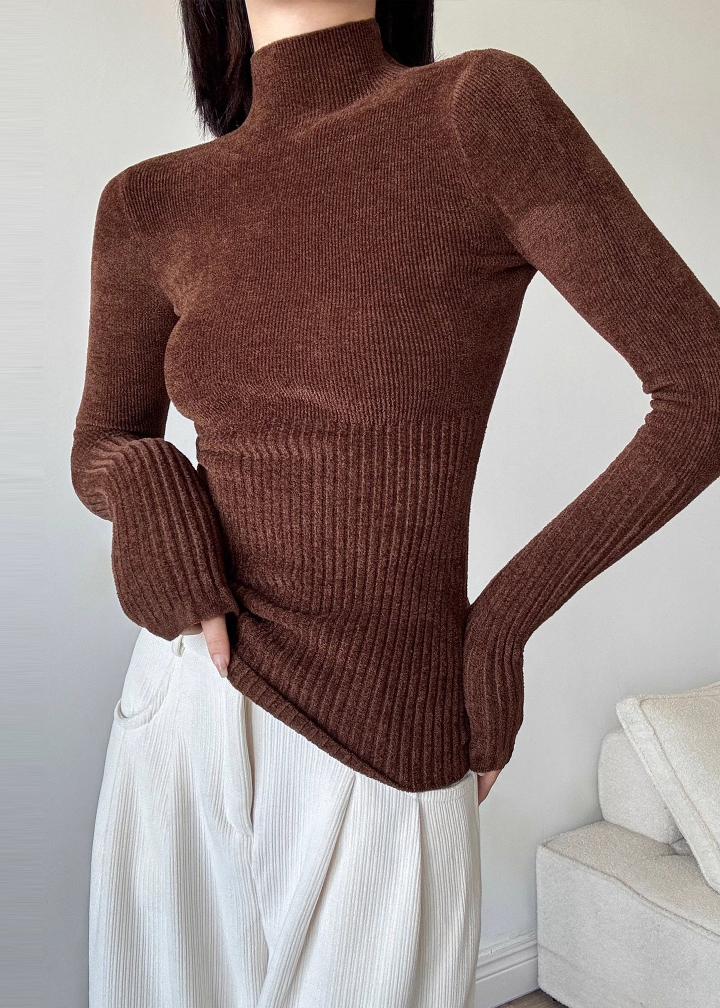 Brown Silm Fit Knit Sweater High Neck Spring Yp027