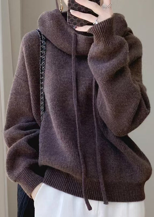 Hooded Knit Spring Cozy Sweater Brown Wool