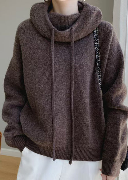 Hooded Knit Spring Cozy Sweater Brown Wool