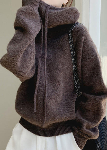 Hooded Knit Spring Cozy Sweater Brown Wool