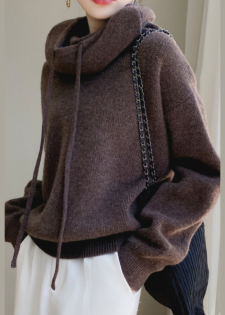 Hooded Knit Spring Cozy Sweater Brown Wool