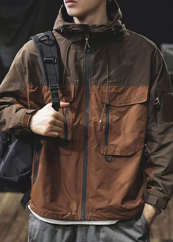 Coat Loose Hooded Zippered Pockets Brown Cotton Patchwork