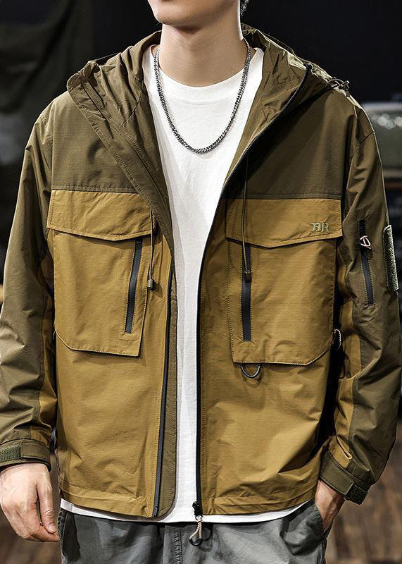 Coat Loose Hooded Zippered Pockets Brown Cotton Patchwork