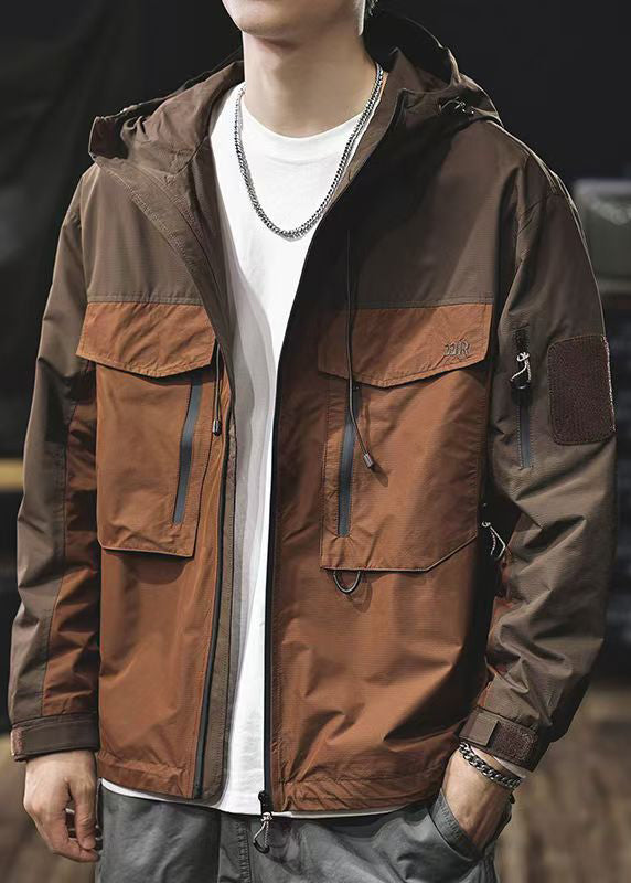 Coat Loose Hooded Zippered Pockets Brown Cotton Patchwork