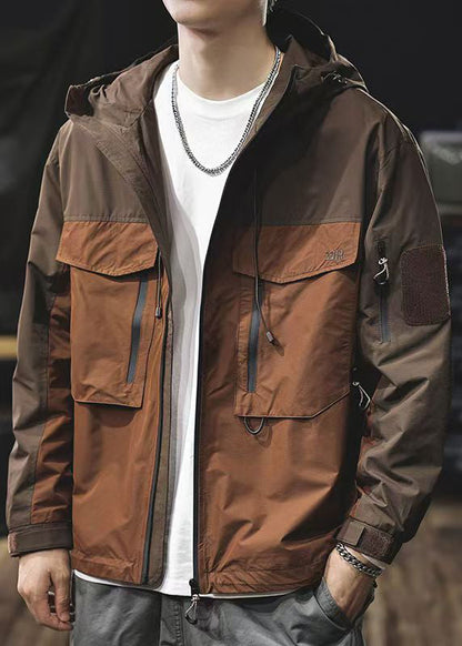 Coat Loose Hooded Zippered Pockets Brown Cotton Patchwork