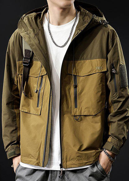 Coat Loose Hooded Zippered Pockets Brown Cotton Patchwork