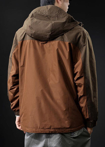 Coat Loose Hooded Zippered Pockets Brown Cotton Patchwork