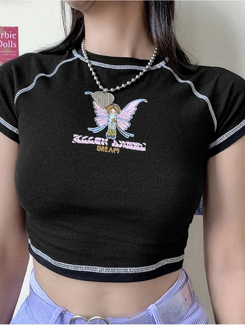 Butterfly Graphic and Letter Printing Stitch Green Crop Tops O-neck Short Sleeve T-shirts Clothes Shirt Bf Clothing Tee