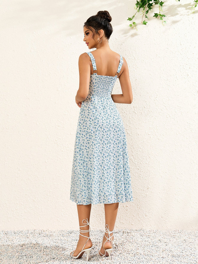 Button Bust Ruched Print Midi Dress