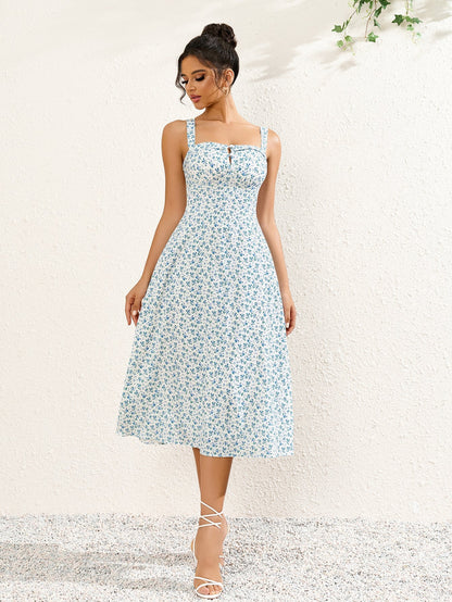 Button Bust Ruched Print Midi Dress
