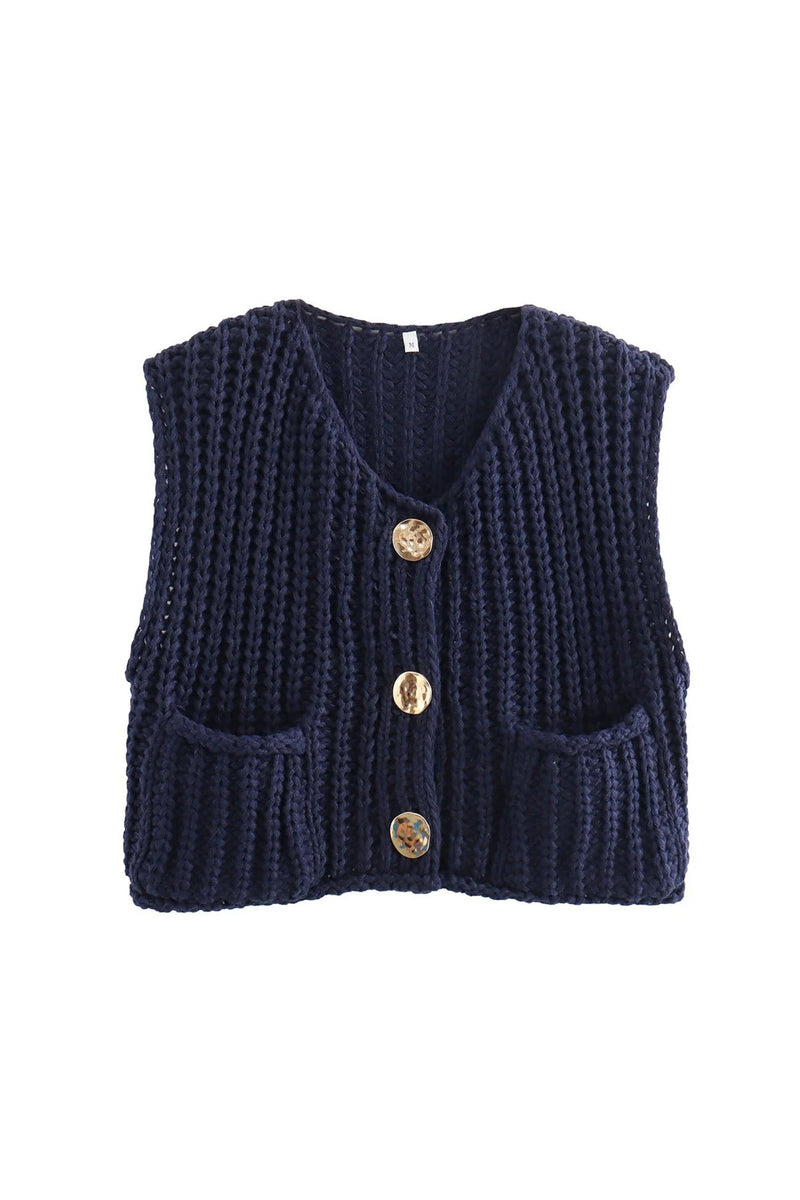 Button Front Sleeveless Pocket Knit Cardigan