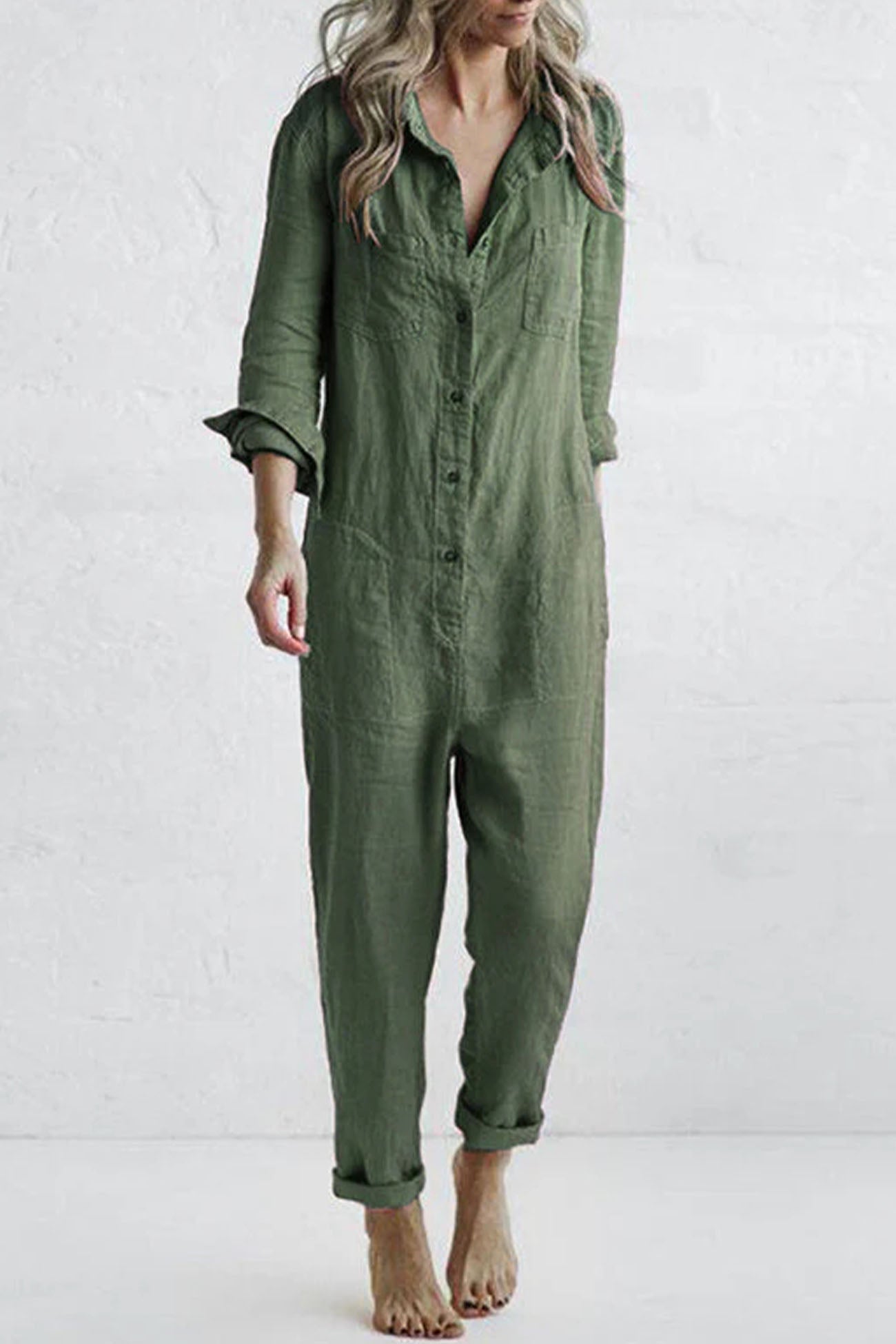 Button Lapel Pocket Long Sleeve Jumpsuits