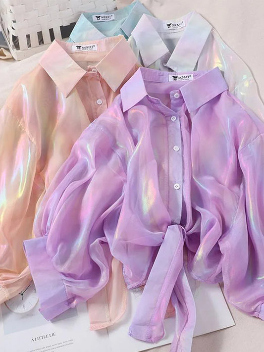 Buttoned Up Shirt Shirts Half Sleeve Shinning Sparkles Tied Waist Blouses for Autumn
