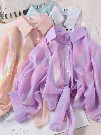 Buttoned Up Shirt Shirts Half Sleeve Shinning Sparkles Tied Waist Blouses for Autumn
