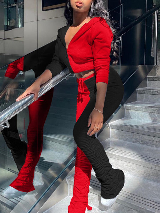Hooded Collar Ruched Drawstring Pants Set At8017