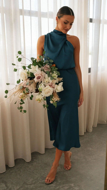 Curve Satin Ruched Halter Neck Maxi Dress in Orchid