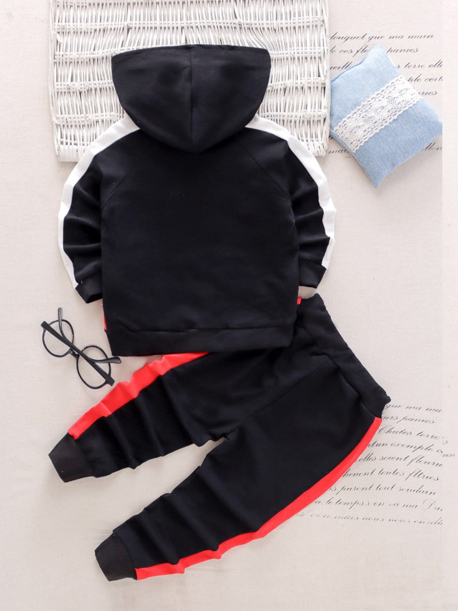 Boy Hooded Collar Striped Patchwork Pants Set Bo2162