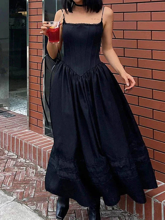 Black Lace Up Corset Maxi Dress