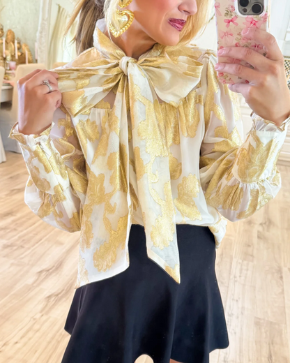 Cream Gold Metallic Jacquard Chiffon Blouse