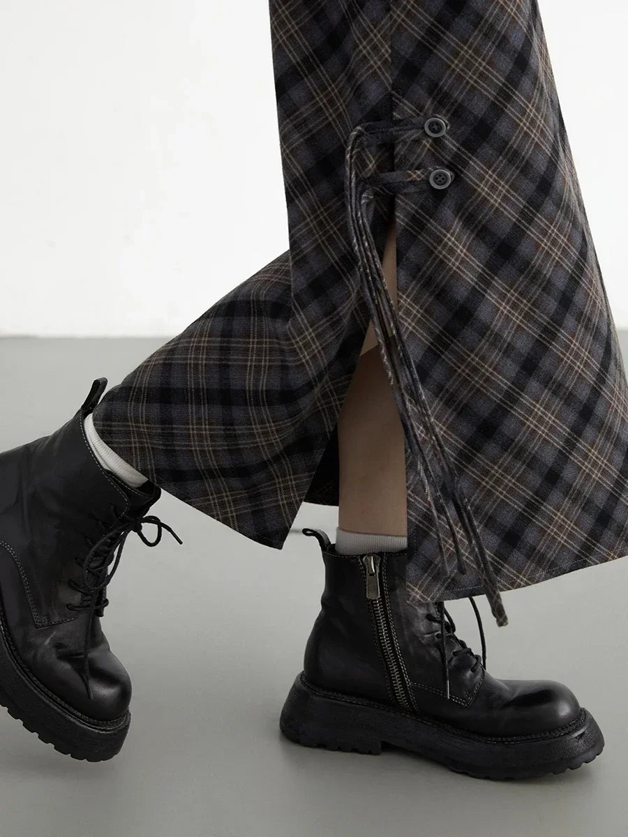 Long Sweet Cool Style High Waist Slit Plaid Tube Skirt