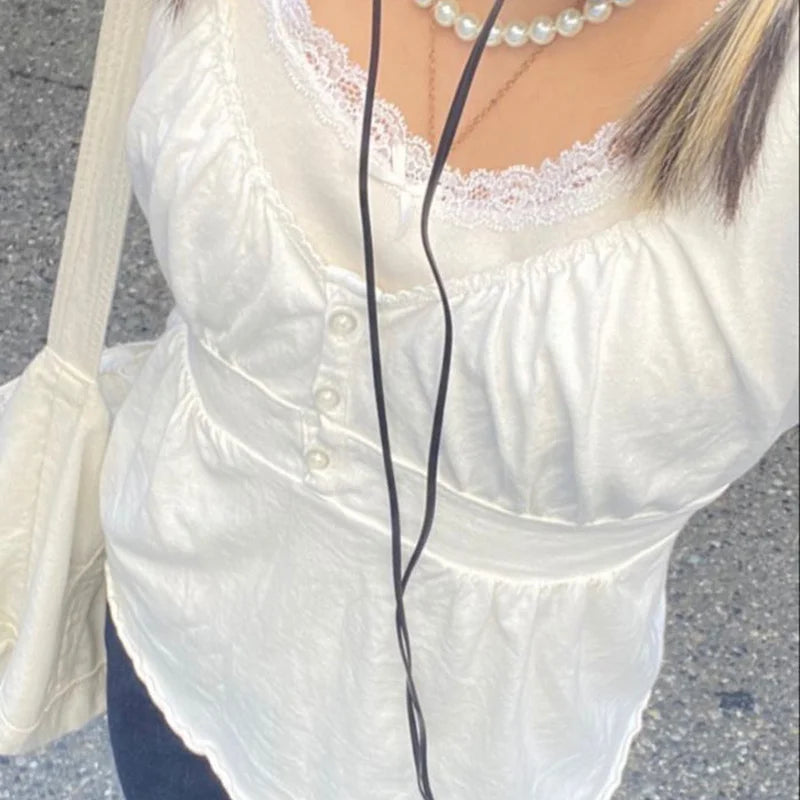 Grunge Lace Crop Y2k Square Neck Short Sleeve Sweet Gothic T-shirts