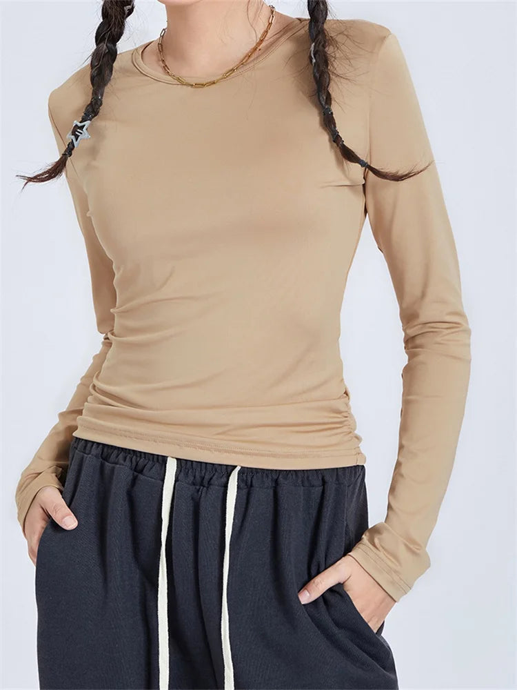 Long Sleeve Spring Fall Color Slim Fit Female T-shirts