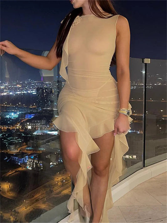 3d Mesh See Through Irregular Hem Mini Dresses