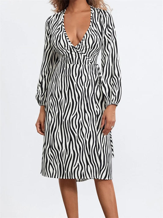 Long Sleeve V-neck Zebra Striped Print Tie-up Midi Dress