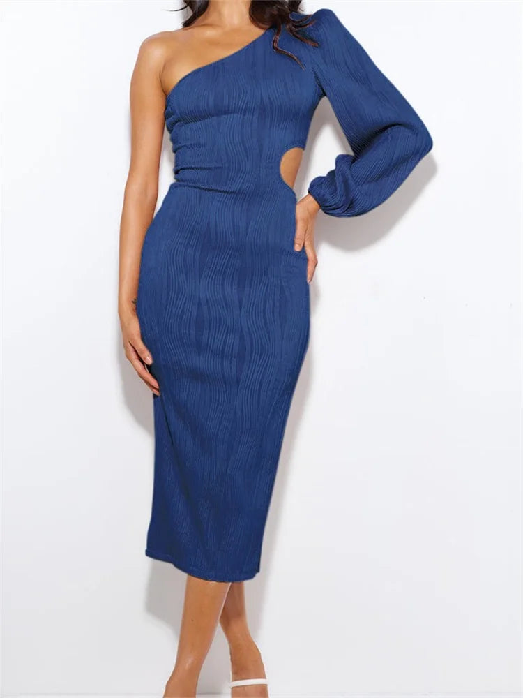 Off Shoulder Long Sleeve Ruched Color Hollow Out Backless Midi Dress