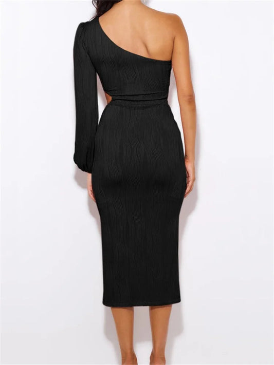 Off Shoulder Long Sleeve Ruched Color Hollow Out Backless Midi Dress